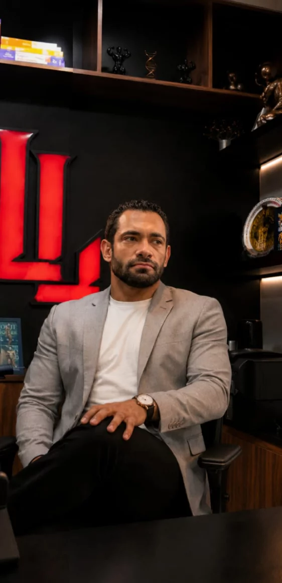 Lucas Lemos de blazer em seu escritório